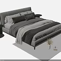 Modern Double Bed Interior With Gray Beige Linens Multiple Pillows And Black Nightstands 3d model