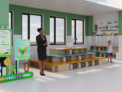 Kindergarten Classroom Interior With Green White Walls Large Windows Colorful Bookshelves And Teacher Child 3d model