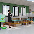 Kindergarten Classroom Interior With Green White Walls Large Windows Colorful Bookshelves And Teacher Child