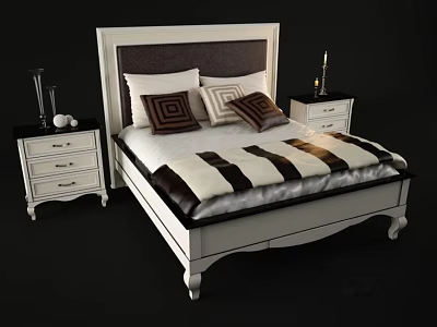 Modern Double Bed With White Frame Dark Headboard Geometric Pillows And Black White Striped Quilt 3d model