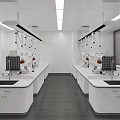 Modern Laboratory Interior With White Workbenches Cabinets And Chemical Reagents