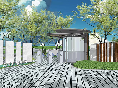 Modern Building Exterior Wall With Glass Curtain At Apartment Entrance Surrounded By Trees And Lawn 3d model