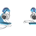 Modern Headphones With Blue Stand And White Cables For Audio Use