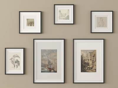 Wall Gallery With Framed Artworks On Beige Wall Different Sizes And Styles 3d model