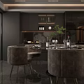 Modern Restaurant With Round Dining Table Gray Chairs Marble Accent Wall And Natural Light