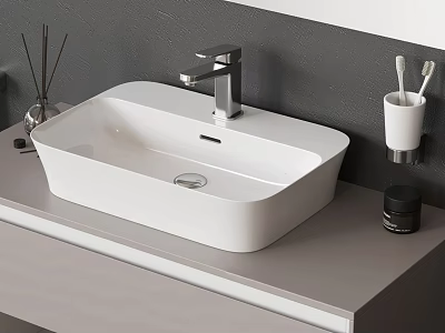 White Rectangular Washbasin With Chrome Faucet On Gray Countertop With Aromatherapy Sticks And Toothbrush Holder 3d model