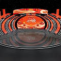 Traditional Spring Festival Gala Stage with Red Gold Traditional Elements and Circular Lighting Design