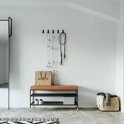 Entryway Sofa Bench With Brown Cushion Hooks Shopping Bag Shoes Storage Box And Wicker Basket 3d model