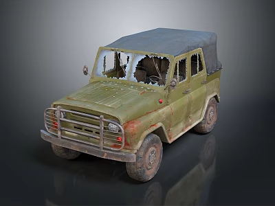Vintage Olive Green Military Jeep With Weathered Body And Canvas Top 3d model