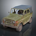 Vintage Olive Green Military Jeep With Weathered Body And Canvas Top