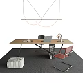 Modern Desk and Chair Set With Wooden Top Metal Legs Black Brown Chairs Pendant Light