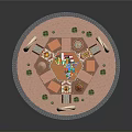 Circular Layout With Colorful Central Structure Small Pavilions White Arches Pink Ground And Green Plants