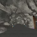 Cave Inspired Elevator Hallway with Rock Walls Purple White Lighting Dark Floor and End Door