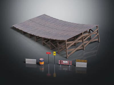 Outdoor Wooden Furniture Shelter With Wave Roof And Traffic Cones Barriers 3d model