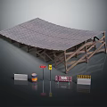Outdoor Wooden Furniture Shelter With Wave Roof And Traffic Cones Barriers