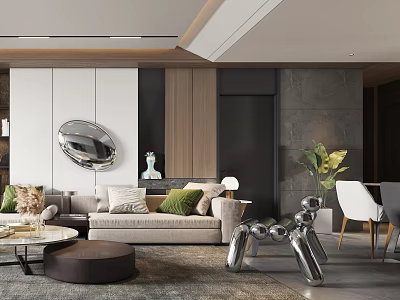 Modern Living And Dining Room With Beige Sofa Round Mirror Green Plants And Dining Table 3d model