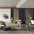 Modern Living And Dining Room With Beige Sofa Round Mirror Green Plants And Dining Table