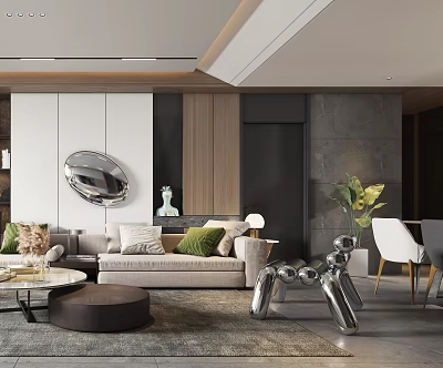 Modern Living And Dining Room With Beige Sofa Round Mirror Green Plants And Dining Table 3d model