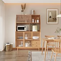 Wooden Sideboard with Microwave Coffee Maker and Glassware in Cozy Dining Room Interior