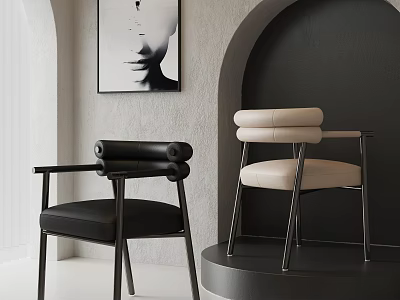 Modern Single Chair Design with Leather Upholstery Armrests Metal Legs and Arched Wall Art 3d model
