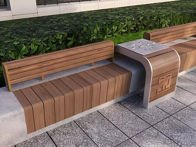 Tree Pit Design With Wooden Benches Stone Countertop And Green Plants On Gray Tiles 3d model