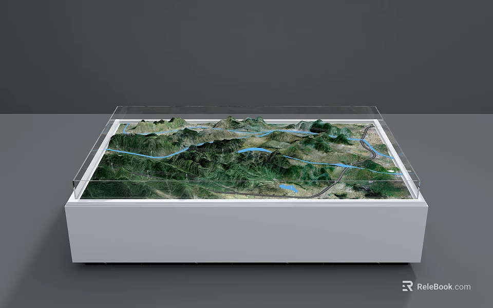Commercial Topographic Model Display Equipment With Transparent Cover White Base And Mountain River Terrain 3d model 