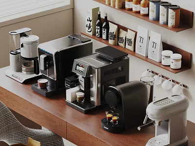 Modern Kitchen Appliances On Countertop With Coffee Makers Blenders And Shelf Jars Bottles 3d model