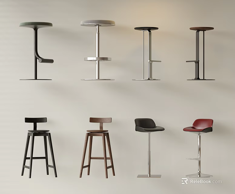 Modern Bar Stools with Metal and Wooden Frames in Black Brown and Red Colors 3d model 