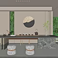 Traditional Serene Tea Room With Wooden Tea Table Tea Sets And Green Plants
