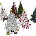 Various Decorated Christmas Trees With Stars Colorful Ornaments Gifts And Ribbons