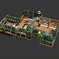 Cartoon Style Scenic Design With Wooden Deck Green Vines Blue Decor And Small Furniture