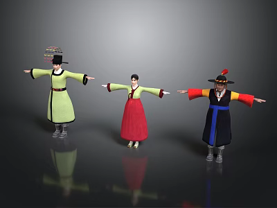 Traditional Asian Clothing Featuring Colorful Robes and Hats on Three Figures with Arms Outstretched 3d model