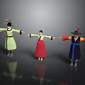 Traditional Asian Clothing Featuring Colorful Robes and Hats on Three Figures with Arms Outstretched