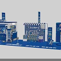 Blue Themed Exhibition Booths With Product Displays And Brand Logos Design