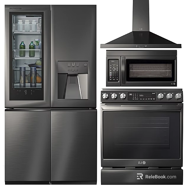 Modern Stainless Steel Kitchen Appliances With Refrigerator Microwave Oven And Range Hood 3d model 