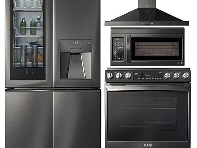 Modern Stainless Steel Kitchen Appliances With Refrigerator Microwave Oven And Range Hood 3d model