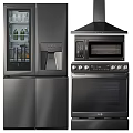 Modern Stainless Steel Kitchen Appliances With Refrigerator Microwave Oven And Range Hood