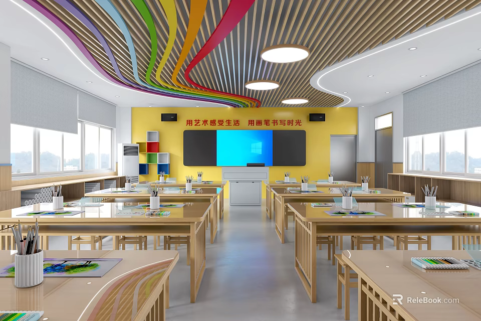 School Art Classroom Interior With Colorful Ceiling And Desks 3d model