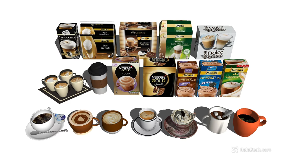 Assorted Coffee Beverages With Latte Cappuccino Different Flavors Packaged Products And Cups 3d model 