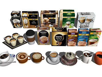 Assorted Coffee Beverages With Latte Cappuccino Different Flavors Packaged Products And Cups 3d model