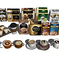 Assorted Coffee Beverages With Latte Cappuccino Different Flavors Packaged Products And Cups