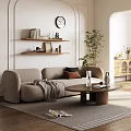 Living Room Interior With Beige Sofa Wooden Coffee Table Wall Clock Shelves And Green Plant