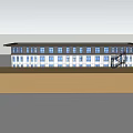 Modern Office Building With White Exterior Blue Windows And Red Garage Doors