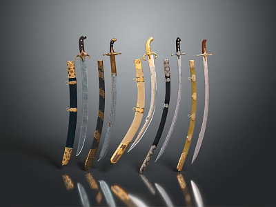 Weapon Collection of Multiple Curved Swords with Various Colors and Different Materials 3d model