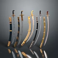 Weapon Collection of Multiple Curved Swords with Various Colors and Different Materials