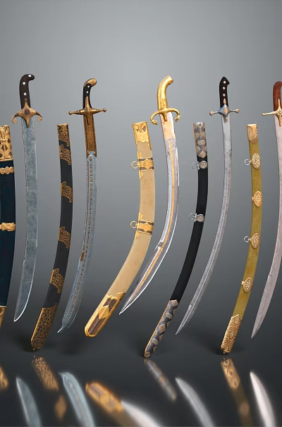 Weapon Collection of Multiple Curved Swords with Various Colors and Different Materials 3d model