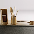 Traditional Tea Set Display on Wooden Table with Teapot Teacups Tray and Accessories