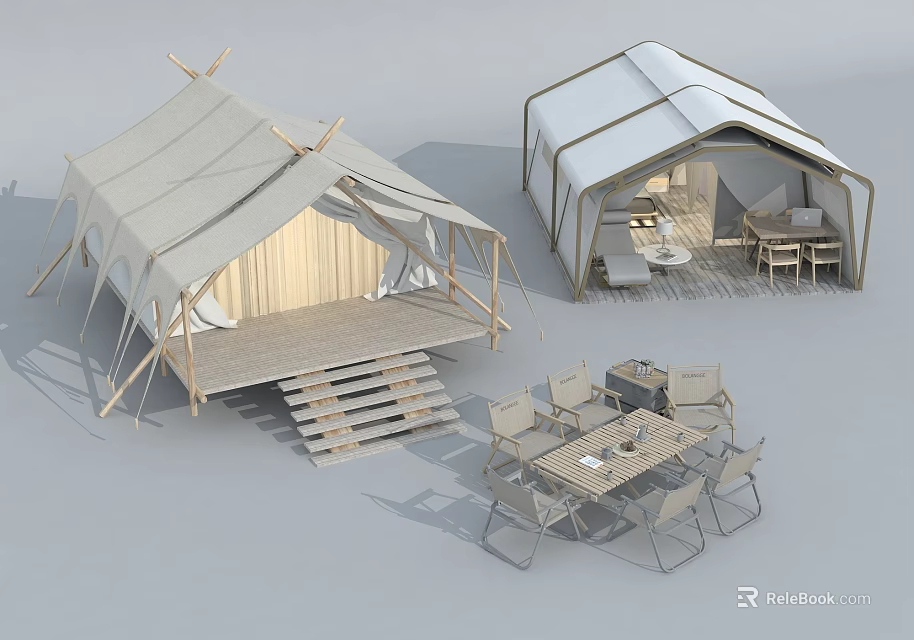 Modern Outdoor Camping Tent With Wooden Platform Stairs Table Chairs And Grill 3d model 