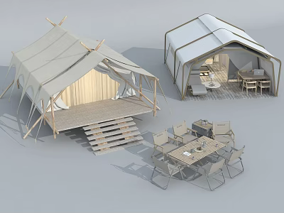 Modern Outdoor Camping Tent With Wooden Platform Stairs Table Chairs And Grill 3d model