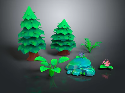 Cartoon Scene With Green Trees Small Ferns Colorful Stones And Pink Flowers 3d model